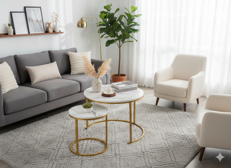 Set 2 masute cafea suprapozabile, MDF si metal, 60x50 cm si 40x40 cm, alb marmura si auriu [5]