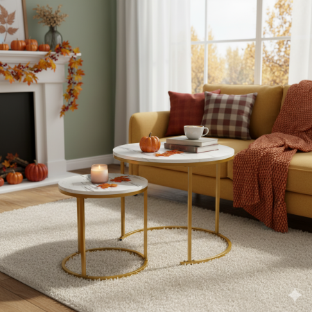 Set 2 masute cafea suprapozabile, MDF si metal, 60x50 cm si 40x40 cm, alb marmura si auriu [7]