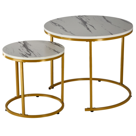 Living & hol - Set 2 masute cafea suprapozabile, MDF si metal, 60x50 cm si 40x40 cm, alb marmura si auriu