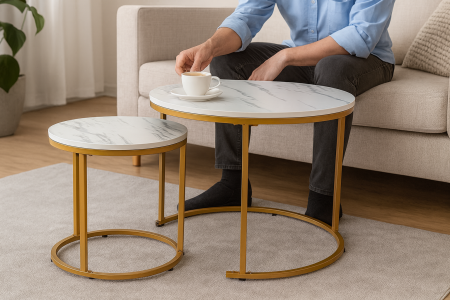 Set 2 masute cafea suprapozabile, MDF si metal, 60x50 cm si 40x40 cm, alb marmura si auriu [8]