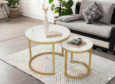 Set 2 masute cafea suprapozabile, MDF si metal, 60x50 cm si 40x40 cm, alb marmura si auriu [3]
