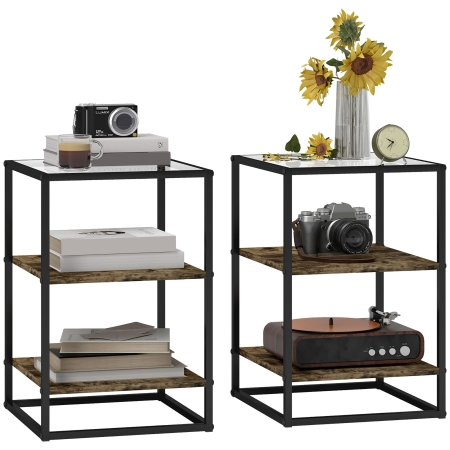 Living & hol -  Set 2 Masute  cu 3 Niveluri si Baza inaltata, Masute din Lemn, Metal si Blat din Sticla Calita, 37x40x55,5 cm, Maro