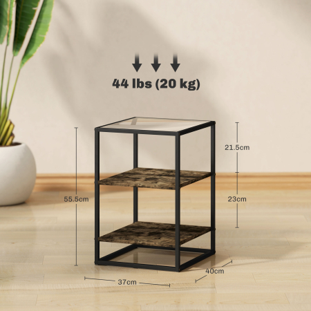  Set 2 Masute  cu 3 Niveluri si Baza inaltata, Masute din Lemn, Metal si Blat din Sticla Calita, 37x40x55,5 cm, Maro [2]