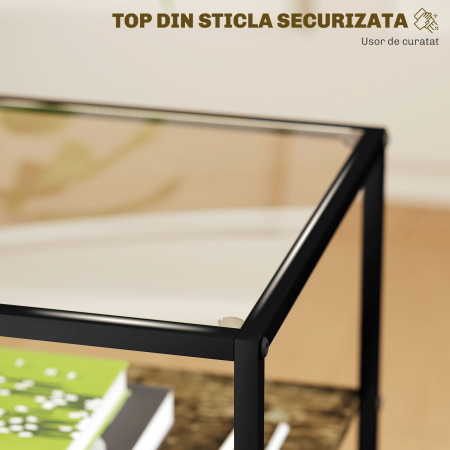  Set 2 Masute  cu 3 Niveluri si Baza inaltata, Masute din Lemn, Metal si Blat din Sticla Calita, 37x40x55,5 cm, Maro [4]
