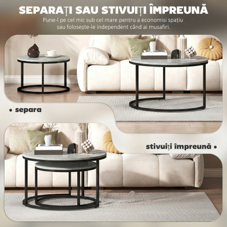  Set 2 masute de cafea moderne, suprapuse, rotunde, gri marmorat [4]