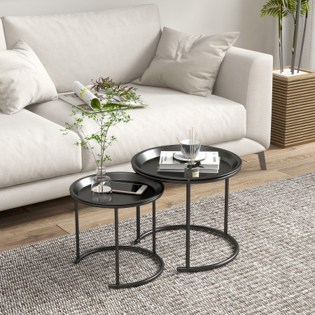  Set 2 Masute de Cafea Suprapozabile Rotunde cu Tavi Detasabile din Otel, Negru [6]