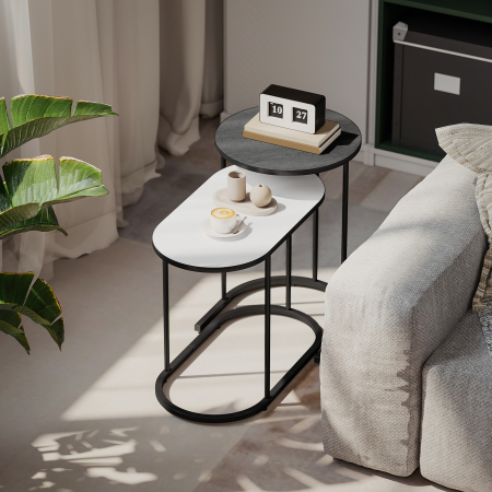  Set 2 Masute de Cafea Suprapuse cu Cadru Metalic pentru Sufragerie si Birou, Gri si Alb [1]