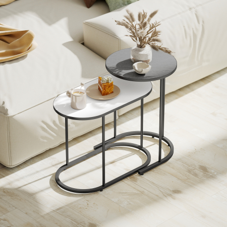  Set 2 Masute de Cafea Suprapuse cu Cadru Metalic pentru Sufragerie si Birou, Gri si Alb [6]