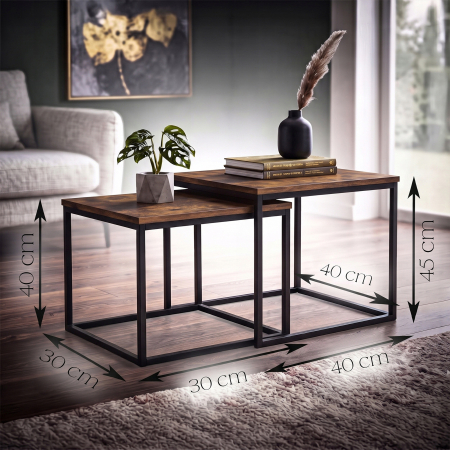 Set 2 masute de cafea tip cuib pentru living, design loft industrial cu cadru metalic, utilizare impreuna sau separat, suprapunere pentru economisirea [2]