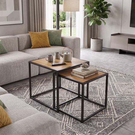 Set 2 masute de cafea tip cuib pentru living, design loft industrial cu cadru metalic, utilizare impreuna sau separat, suprapunere pentru economisirea [6]