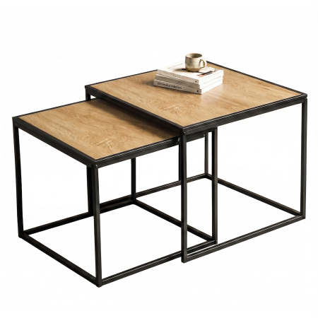 Living & hol - Set 2 masute de cafea tip cuib pentru living, design loft industrial cu cadru metalic, utilizare impreuna sau separat, suprapunere pentru economisirea