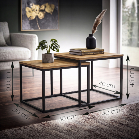 Set 2 masute de cafea tip cuib pentru living, design loft industrial cu cadru metalic, utilizare impreuna sau separat, suprapunere pentru economisirea [2]