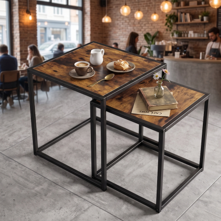 Set 2 masute de cafea tip cuib pentru living, design loft industrial cu cadru metalic, utilizare impreuna sau separat, suprapunere pentru economisirea [7]