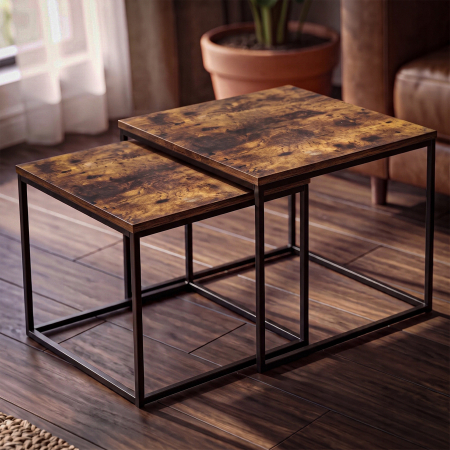 Set 2 masute de cafea tip cuib pentru living, design loft industrial cu cadru metalic, utilizare impreuna sau separat, suprapunere pentru economisirea [3]