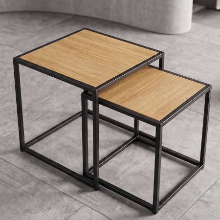 Set 2 masute de cafea tip cuib pentru living, design loft industrial cu cadru metalic, utilizare impreuna sau separat, suprapunere pentru economisirea [3]
