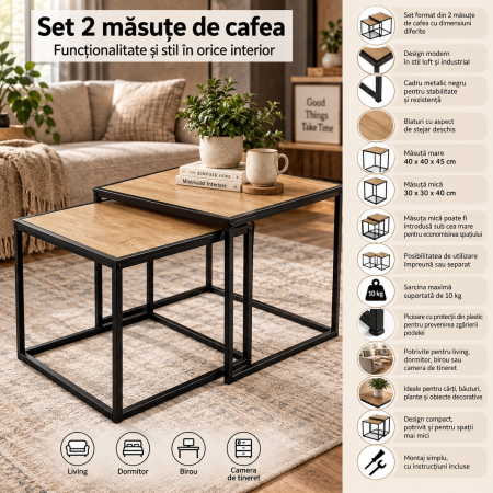 Set 2 masute de cafea tip cuib pentru living, design loft industrial cu cadru metalic, utilizare impreuna sau separat, suprapunere pentru economisirea [1]