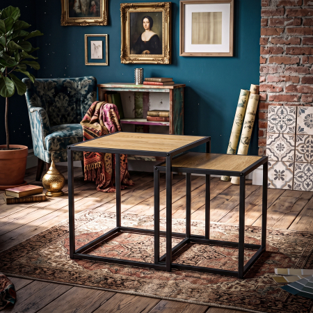 Set 2 masute de cafea tip cuib pentru living, design loft industrial cu cadru metalic, utilizare impreuna sau separat, suprapunere pentru economisirea [8]