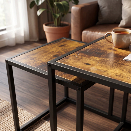 Set 2 masute de cafea tip cuib pentru living, design loft industrial cu cadru metalic, utilizare impreuna sau separat, suprapunere pentru economisirea [8]