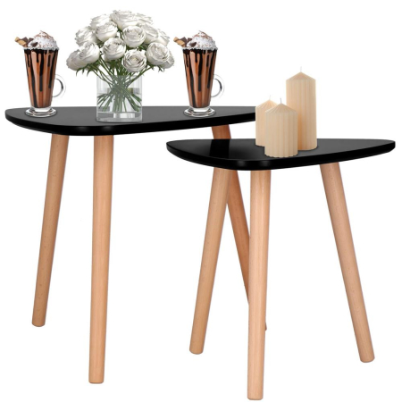 Set 2 mese de cafea, ovale, 54x45 cm si 41x40 cm, Blat MDF, Picioare lemn, Negru [3]