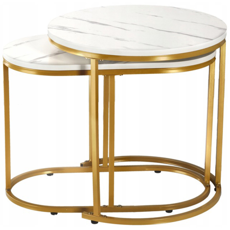 Living & hol - Set 2 mese pentru cafea, cadru otel, blat MDF model marmura, 50x50x50 cm si 60x32x44 cm, alb si auriu