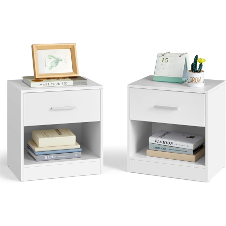 Set 2 noptiere, cu sertar si compartiment deschis, PAL, 28x39x41 cm, alb [6]