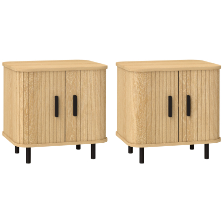 Dormitor & birou -  Set 2 Noptiere in stil Nordic cu Raft pe 2 Niveluri si Usa Culisanta pentru Dormitor, 48x40x48 cm, Lemn Natural