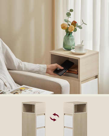 Set 2 noptiere inguste, cu 2 sertare si compartiment deschis, PAL si MDF, 30x25x65 cm, bej si alb [3]