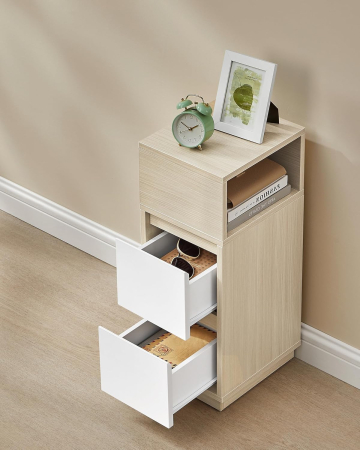 Set 2 noptiere inguste, cu 2 sertare si compartiment deschis, PAL si MDF, 30x25x65 cm, bej si alb [5]