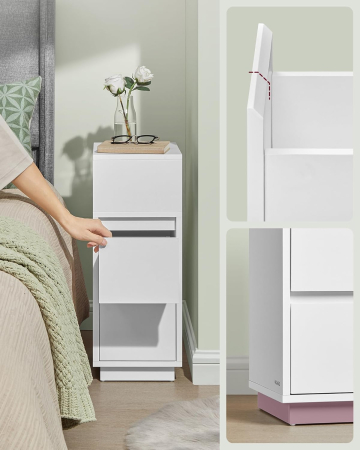 Set 2 noptiere inguste cu 2 sertare si compartiment deschis reversibil, PAL si MDF, 30x25x65 cm, alb [5]