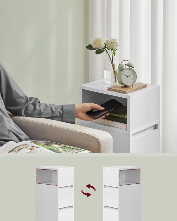 Set 2 noptiere inguste cu 2 sertare si compartiment deschis reversibil, PAL si MDF, 30x25x65 cm, alb [4]