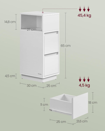 Set 2 noptiere inguste cu 2 sertare si compartiment deschis reversibil, PAL si MDF, 30x25x65 cm, alb [1]