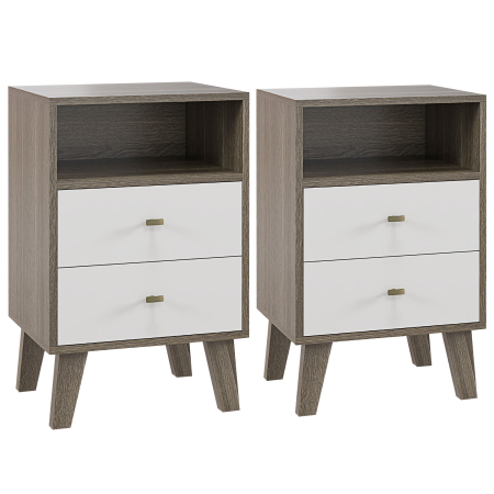 Dormitor & birou -  Set 2 Noptiere Moderne - Gri, cu 2 Sertare & Raft Deschis