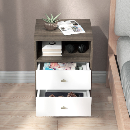  Set 2 Noptiere Moderne - Gri, cu 2 Sertare & Raft Deschis [6]