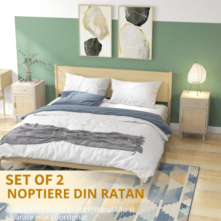  Set 2 Noptiere pentru Dormitor cu Sertar si Usa din Ratan, Stil Boho, Culoare Lemn [3]