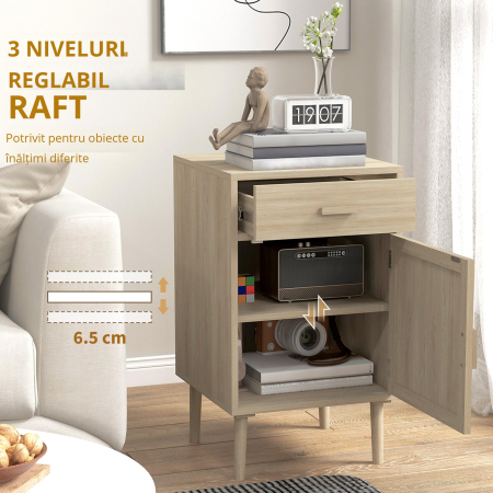  Set 2 Noptiere pentru Dormitor cu Sertar si Usa din Ratan, Stil Boho, Culoare Lemn [5]