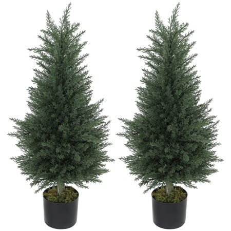Living & hol -  Set 2 Plante Artificiale de Chiparos cu 362 Frunze si Ghiveci cu Ciment si Muschi, Plante Rezistente la UV, Ø40x90 cm, Verde