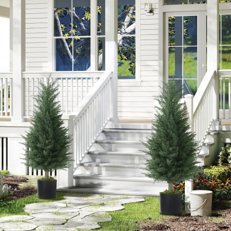  Set 2 Plante Artificiale de Chiparos cu 362 Frunze si Ghiveci cu Ciment si Muschi, Plante Rezistente la UV, Ø40x90 cm, Verde [1]