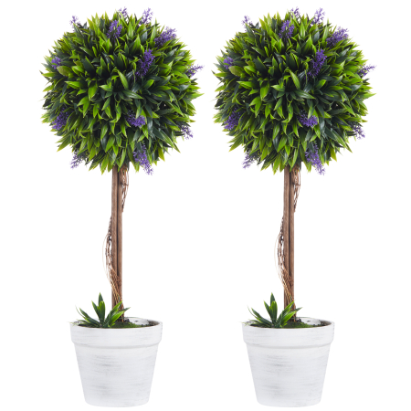 Living & hol -  Set 2 Plante Artificiale Sferice cu Flori de Lavanda şi Vas, Ø24x60 cm, Verde