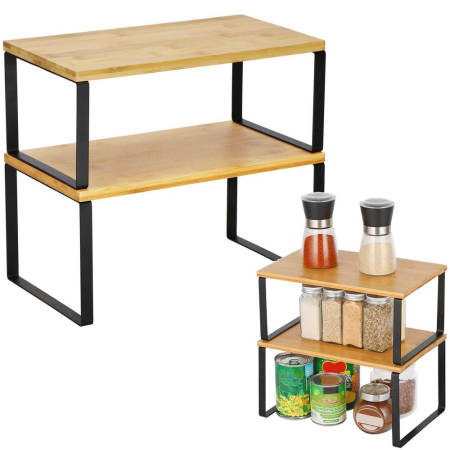 Set 2 rafturi de bucatarie suprapozabile, pentru ustensile sau condimente, 20x34x16cm, natur si negru [1]