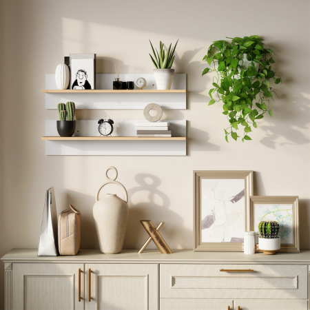  Set 2 Rafturi de Perete pentru Casa si Birou, Rafturi din Lemn pentru Bucatarie si Living, 80x16.5x20 cm, Alb si Lemn Natural [6]