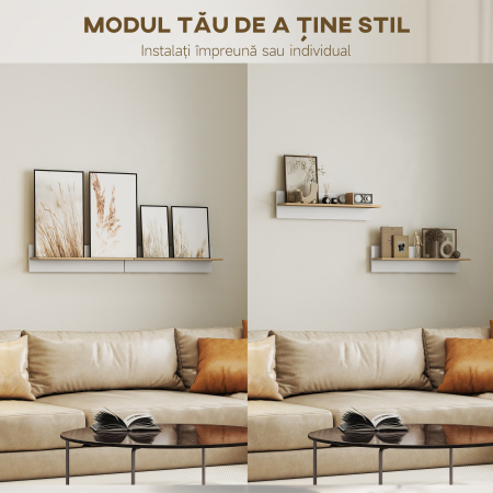 Set 2 Rafturi de Perete pentru Casa si Birou, Rafturi din Lemn pentru Bucatarie si Living, 80x16.5x20 cm, Alb si Lemn Natural [3]