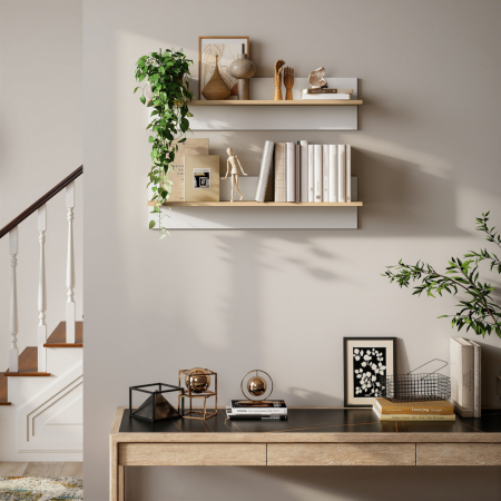  Set 2 Rafturi de Perete pentru Casa si Birou, Rafturi din Lemn pentru Bucatarie si Living, 80x16.5x20 cm, Alb si Lemn Natural [8]