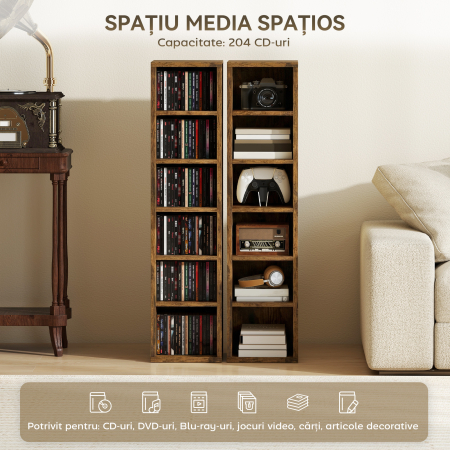  Set 2 Rafturi pentru CD-uri cu Polite Reglabile pentru 204 CD-uri din Lemn, 21x22,5x88,5 cm, Maro Rustic [3]