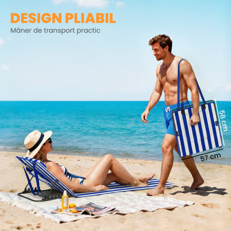  Set 2 Saltele de Plaja cu Spatar Reglabil pe 4 Nivele, din Otel si Poliester, 154x57x52 cm, Albastru si Alb [5]