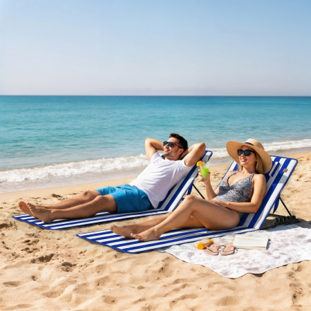  Set 2 Saltele de Plaja cu Spatar Reglabil pe 4 Nivele, din Otel si Poliester, 154x57x52 cm, Albastru si Alb [1]