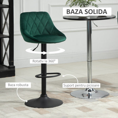  Set 2 Scaune Bar - Catifea Verde, Pivotante & Reglabile [4]