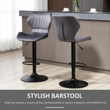  Set 2 Scaune Bar - Negru Catifea, Reglabile & Cu Spatar [3]