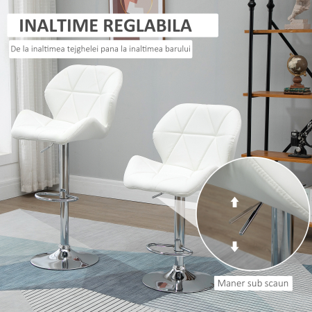  Set 2 Scaune Bar Reglabile, pentru bar si bucatarie, din Piele PU,51,5 x 57,5 x 93-114,5 cm, Alba [3]