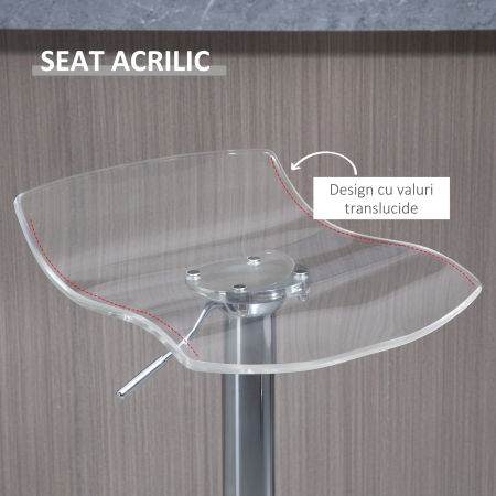  Set 2 Scaune de Bar cu inaltime Reglabila, sezut Rotativ si Suport pentru Picioare, 39x39x67-87 cm, Transparent [3]