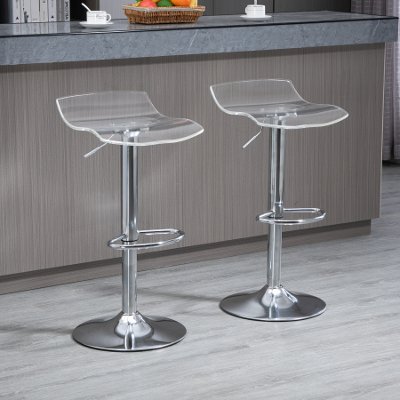  Set 2 Scaune de Bar cu inaltime Reglabila, sezut Rotativ si Suport pentru Picioare, 39x39x67-87 cm, Transparent [1]